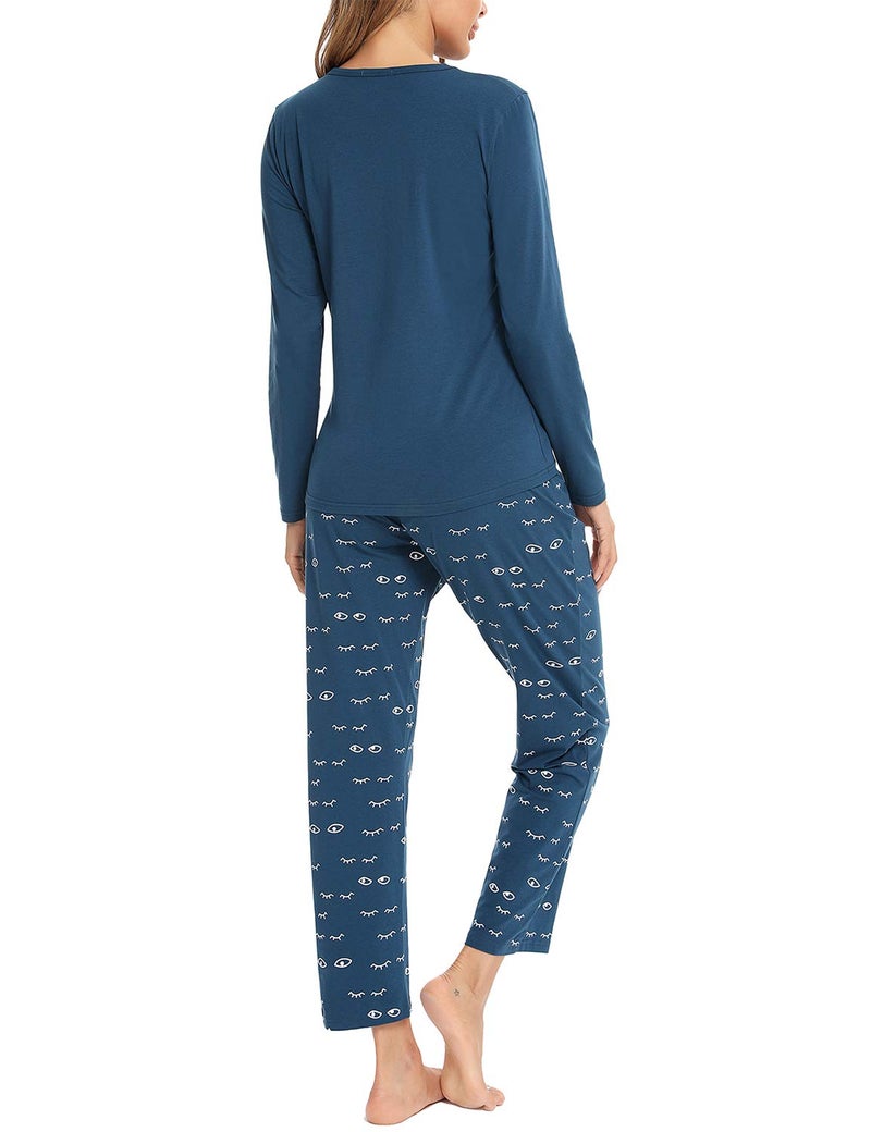 EISHOPEER Women's Cotton Long Sleeve Pajamas Set Sleepwear Cute Lounge Nightgowns Peacock Blue M - Image 4